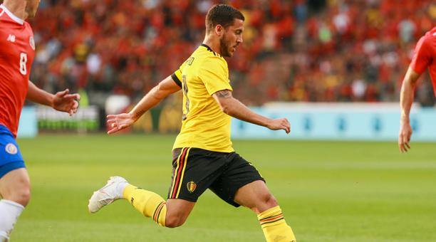 Eden Hazard de Bélgica en acción este, lunes 11 de junio de 2018, durante un partido amistoso internacional disputado entre Bélgica y Costa Rica, en el estadio King Baudouin,