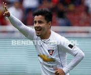 El volante colombiano Sherman Cárdenas celebra un gol con la camiseta de Liga en el 2017
